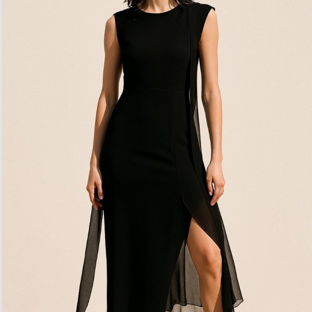 ZARA Navy Blue Knit Asymmetrical  Combination Color-block Midi Dress Sz. L BNWT